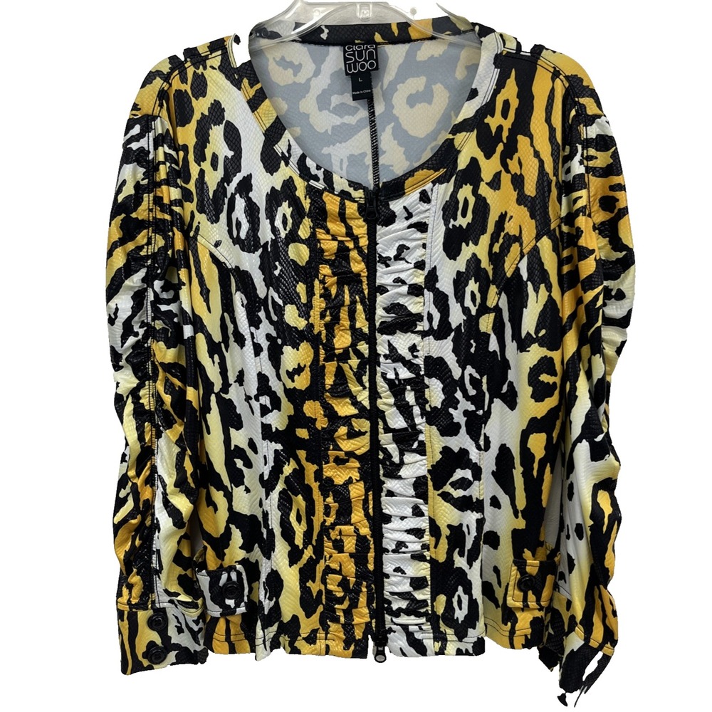 Clara Sun Woo Long Sleeve Top Women's L Full Zip Snakeskin Textured Animal Print
